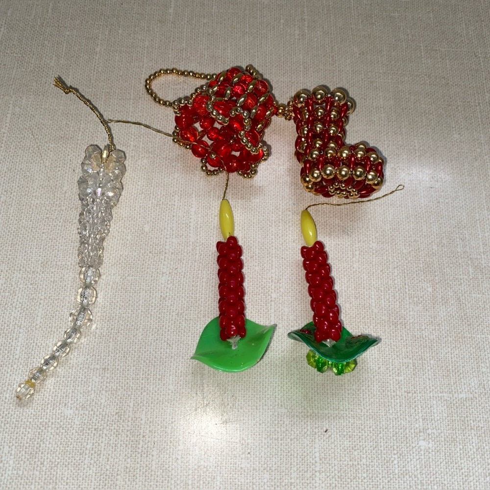 Vintage Handmade Beaded Christmas Ornaments Bell Stocking Candlesticks 5 Pc Lot‎